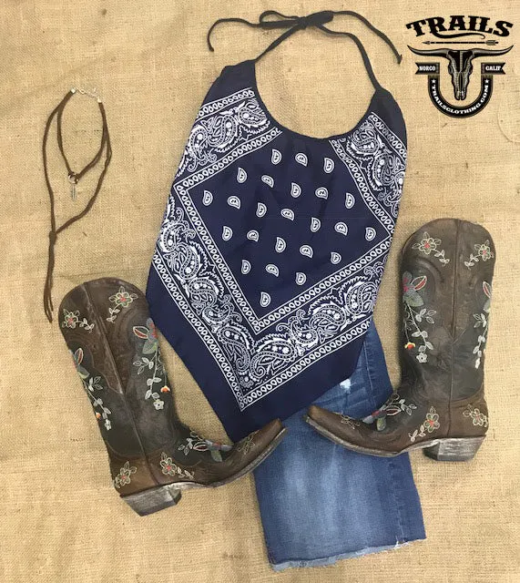 BANDANA BLUE HALTER TOP SCOOP NECK