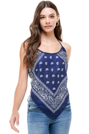 BANDANA BLUE HALTER TOP SCOOP NECK