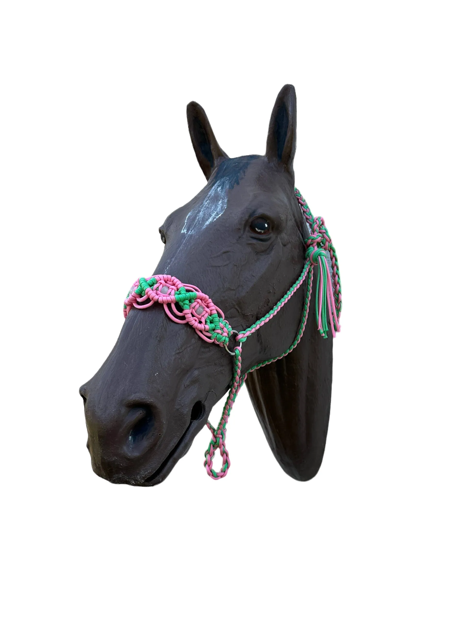 Braided horse halter with rose quartz beads
