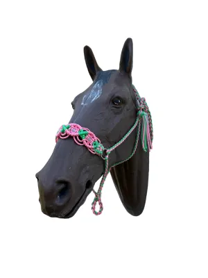 Braided horse halter with rose quartz beads
