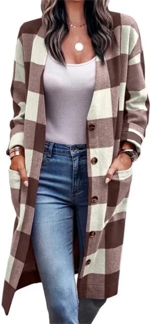 Canbebig Women Lounge Lapel Button Down Long Plaid Jacket Winter Boyfriend Tartan Shirt Jacket Shacket Wool Blend Trench Coat