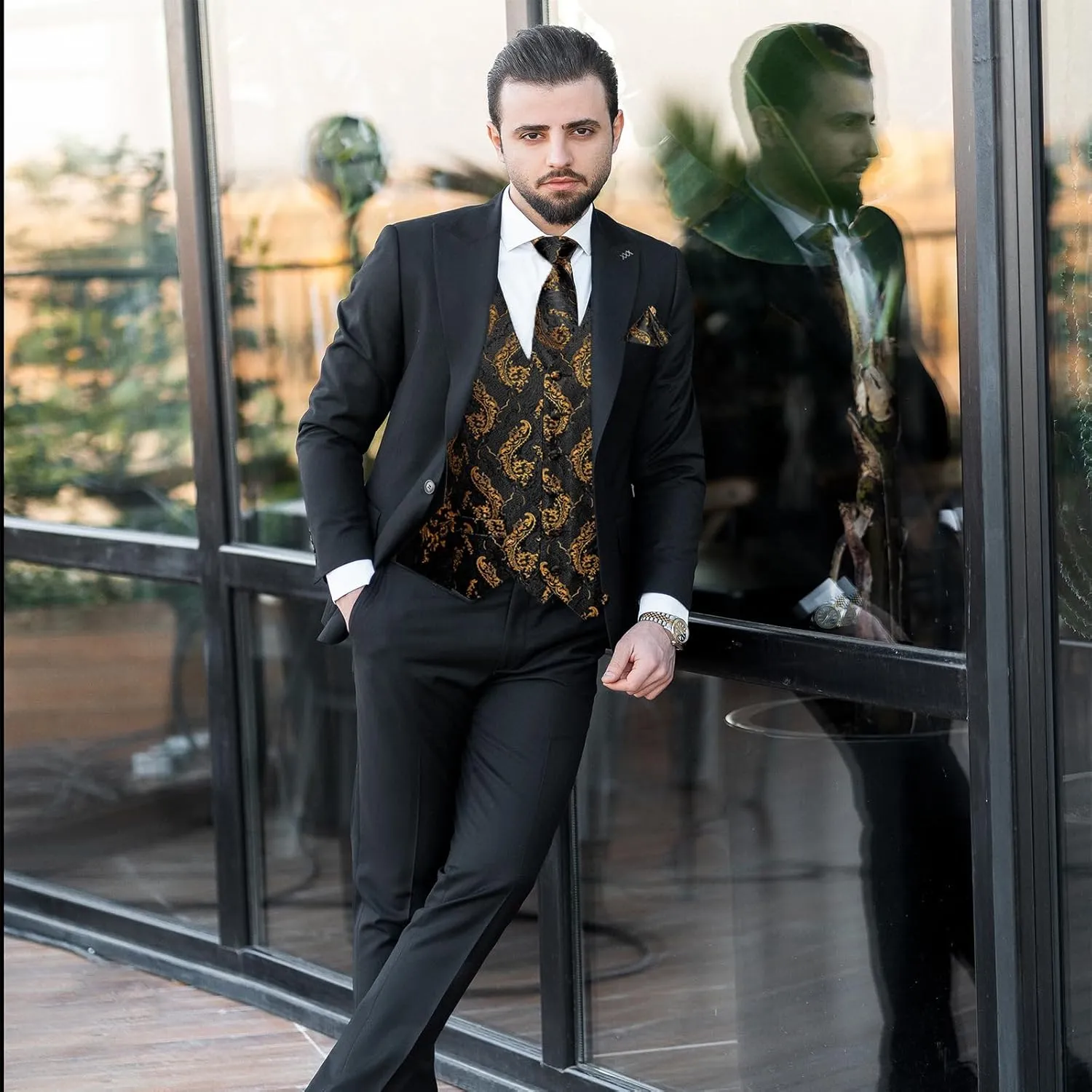 DiBanGu Mens Paisley Suit Waistcoat Silk Dress Vest and Necktie Pocket Square Cufflinks for Wedding Party