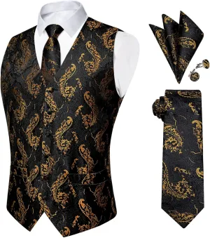 DiBanGu Mens Paisley Suit Waistcoat Silk Dress Vest and Necktie Pocket Square Cufflinks for Wedding Party
