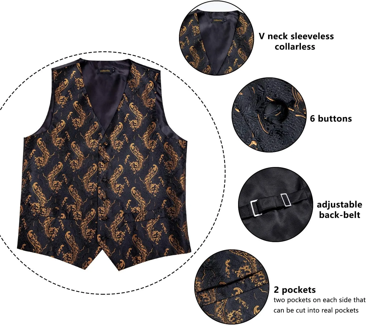 DiBanGu Mens Paisley Suit Waistcoat Silk Dress Vest and Necktie Pocket Square Cufflinks for Wedding Party