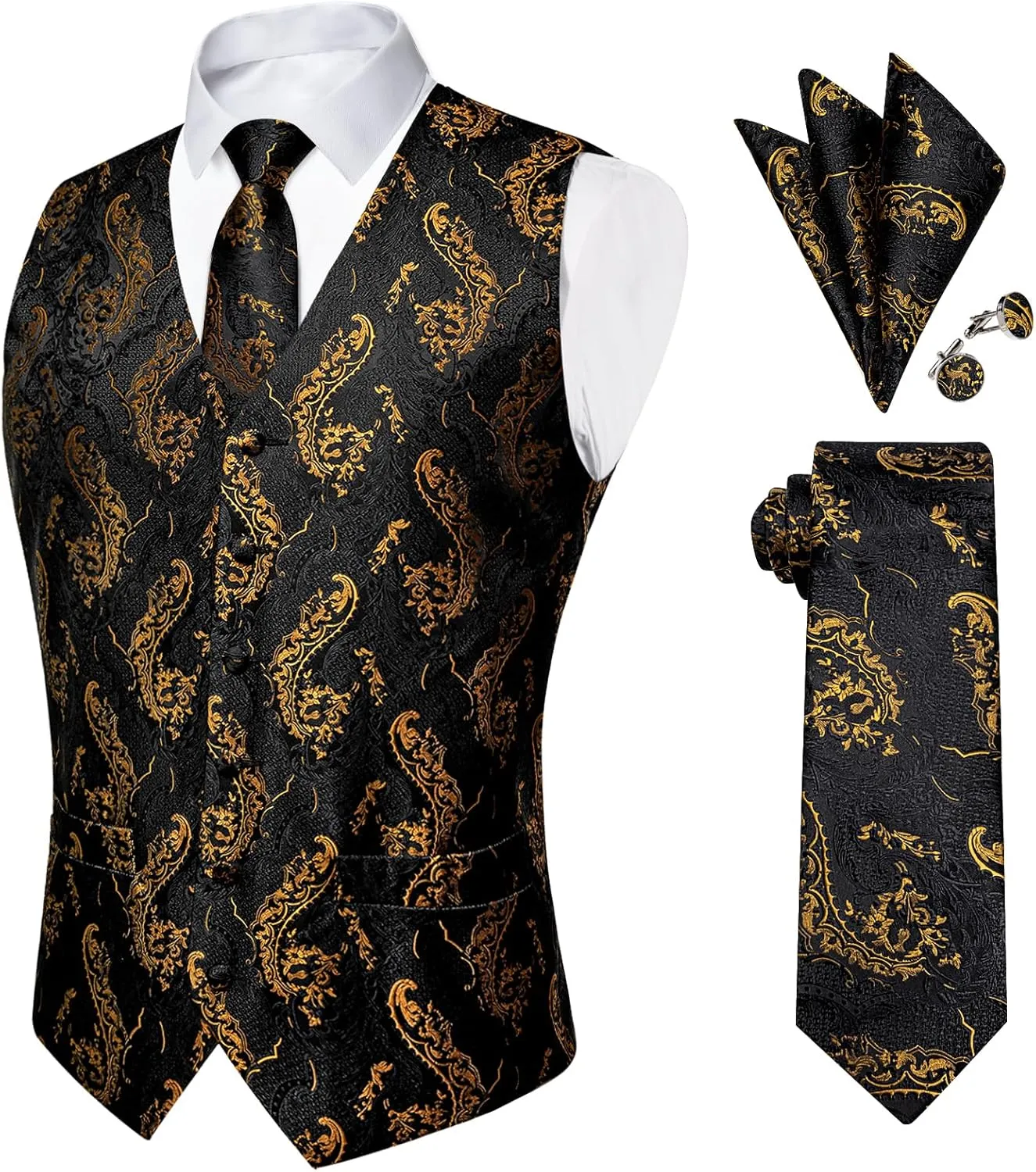 DiBanGu Mens Paisley Suit Waistcoat Silk Dress Vest and Necktie Pocket Square Cufflinks for Wedding Party