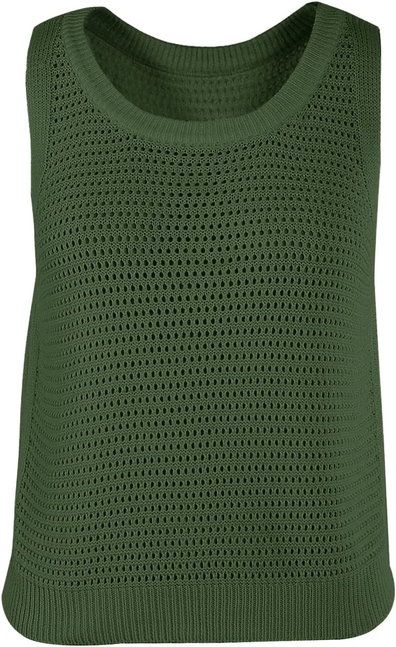 FISACE Womens Summer Knit Sweater Tank Tops Round Neck Crochet Hollow Out Sleeveless Casual Crop Shirt
