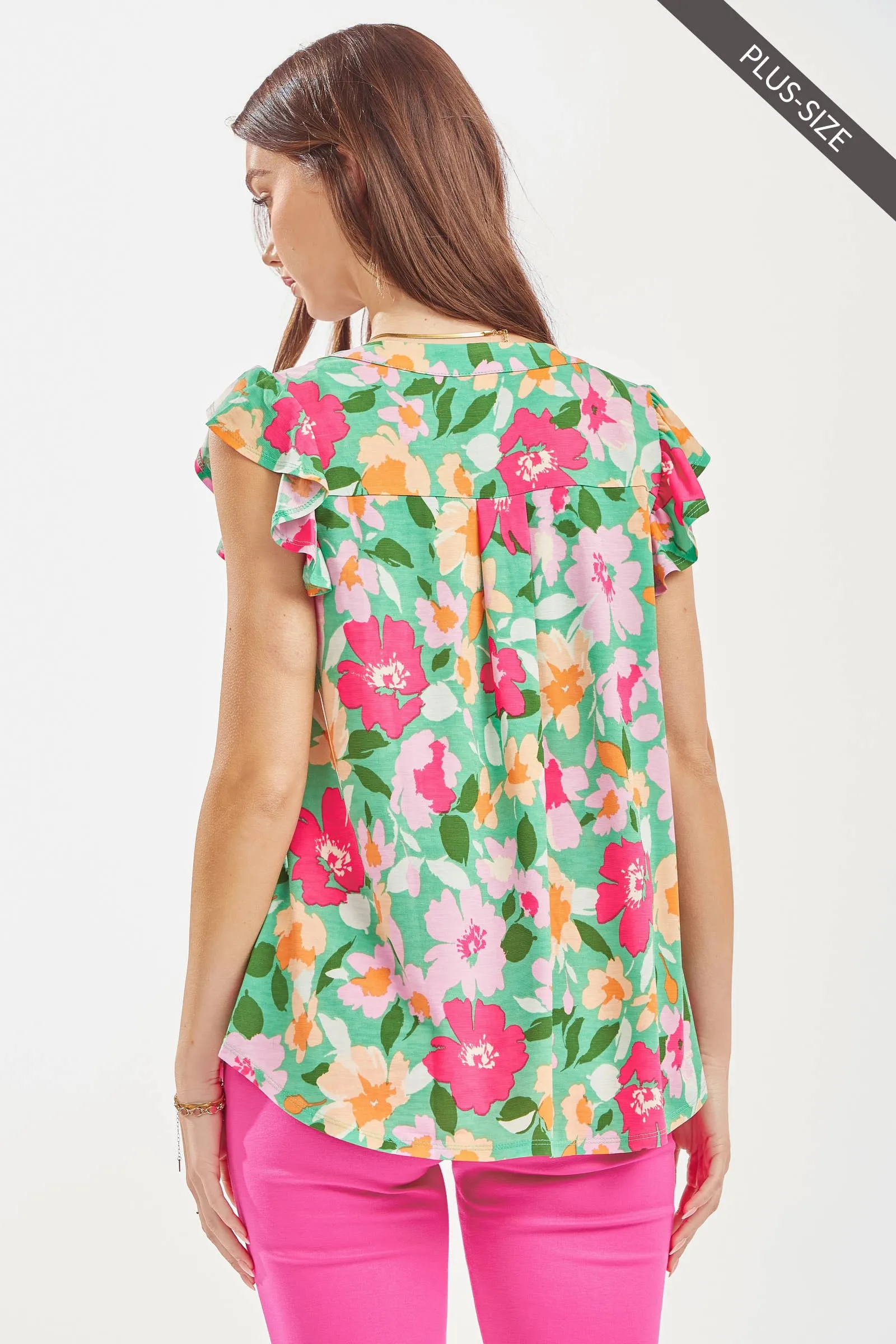 Green Floral Flutter Sleeve Tank