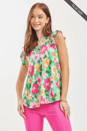 Green Floral Flutter Sleeve Tank