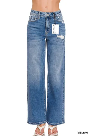 HIGH WAIST STRAIGHT LEG MEDIUM WASH DENIM PANTS- IN-STORE