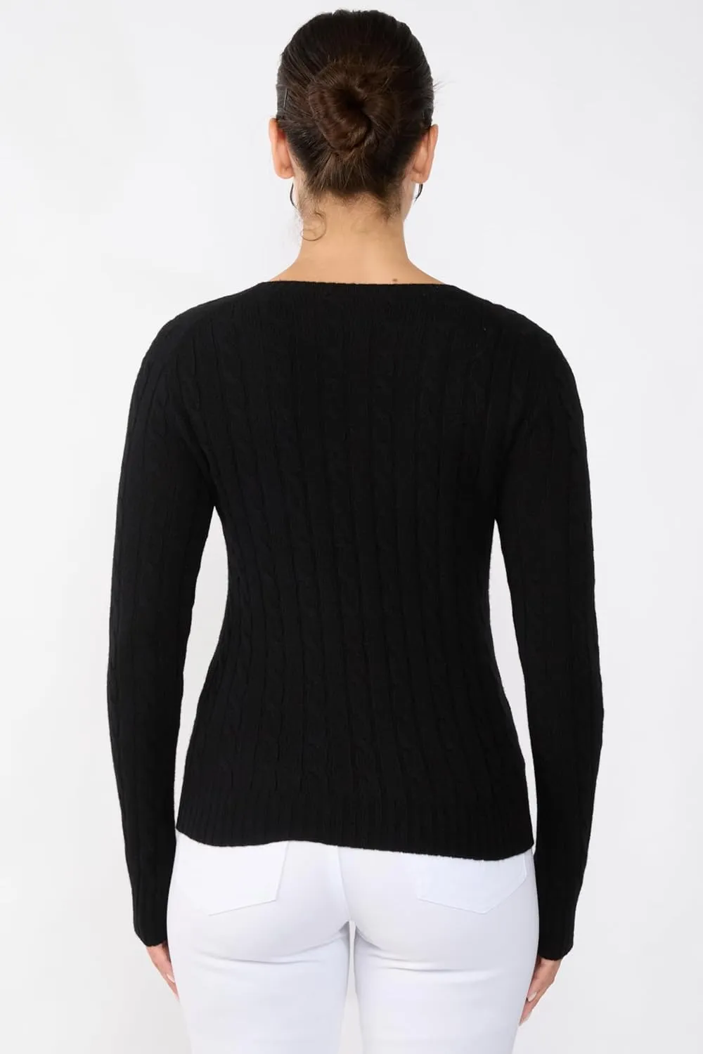 JENNIE LIU Women's 100% Cashmere Cable-Knit Long Sleeve Pullover V Neck Sweater