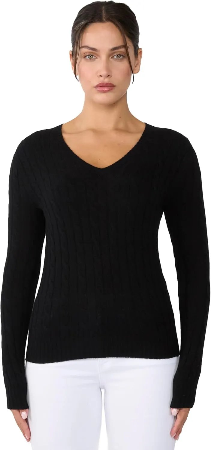 JENNIE LIU Women's 100% Cashmere Cable-Knit Long Sleeve Pullover V Neck Sweater
