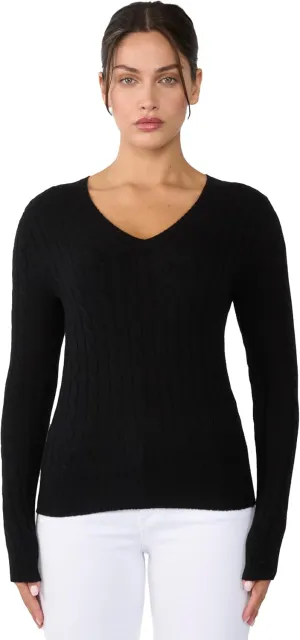 JENNIE LIU Women's 100% Cashmere Cable-Knit Long Sleeve Pullover V Neck Sweater
