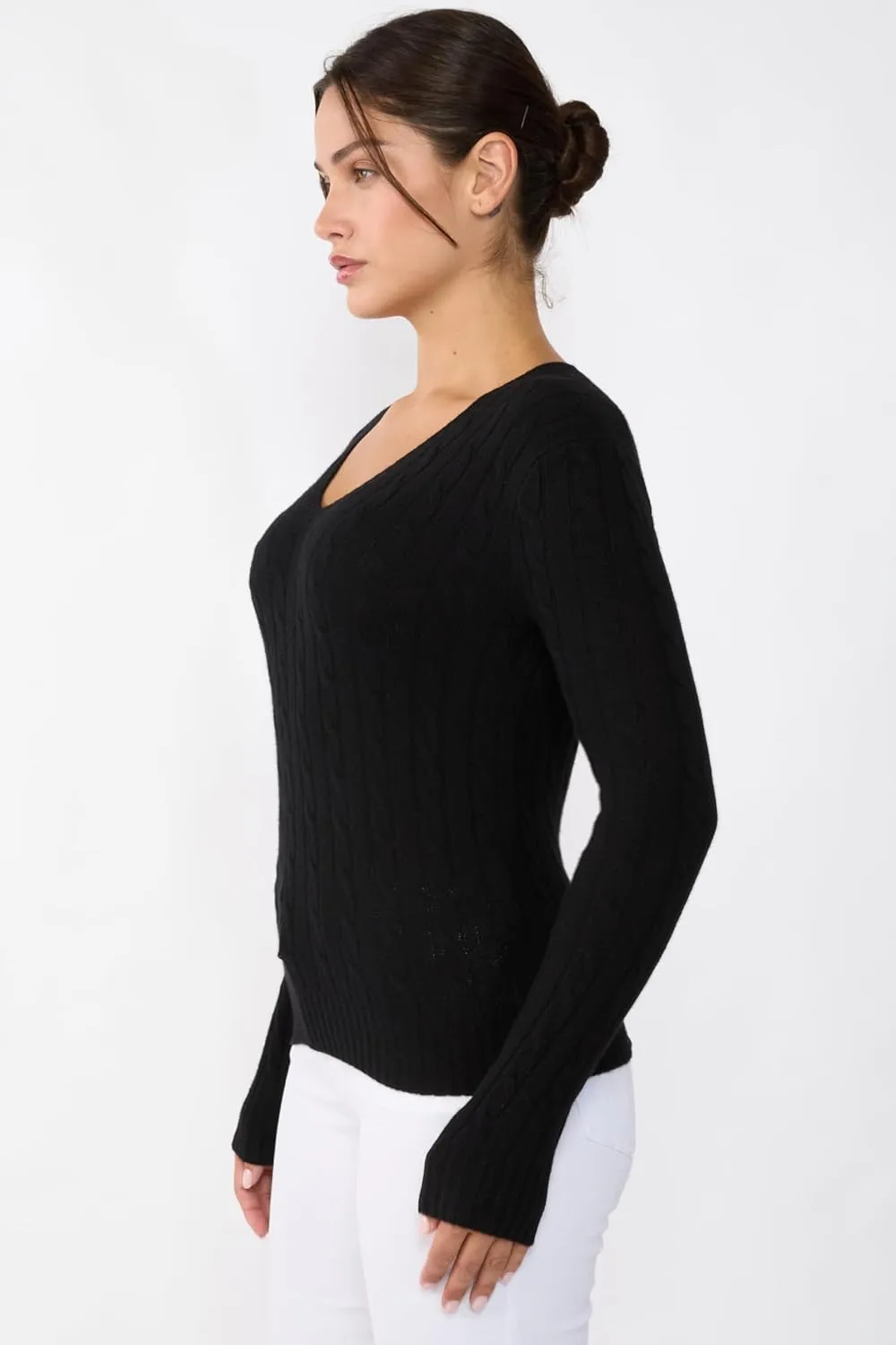 JENNIE LIU Women's 100% Cashmere Cable-Knit Long Sleeve Pullover V Neck Sweater