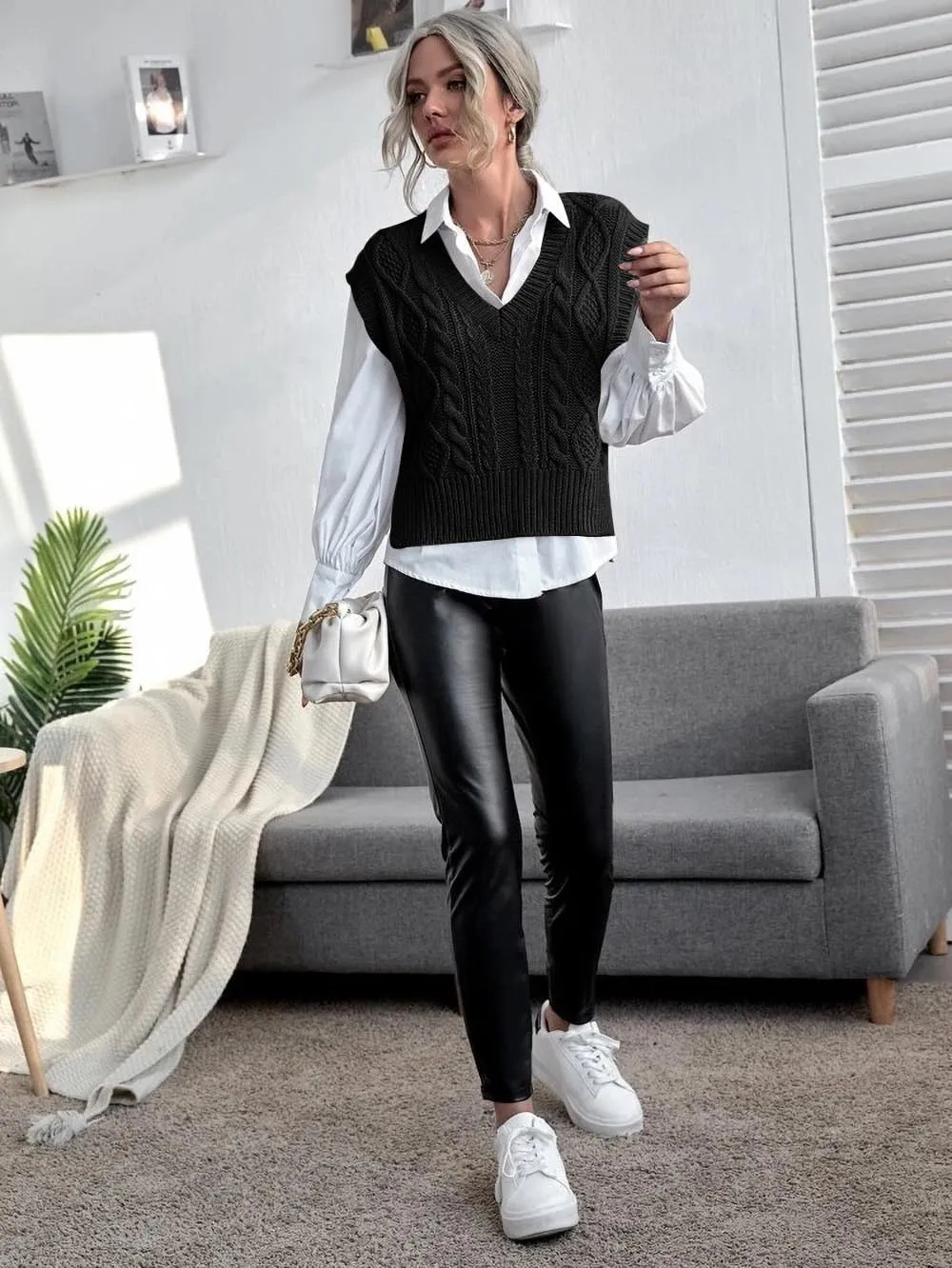 Jumppmile Womens V Neck Sweater Vest Sleeveless Pullover Crop Sweater Vest