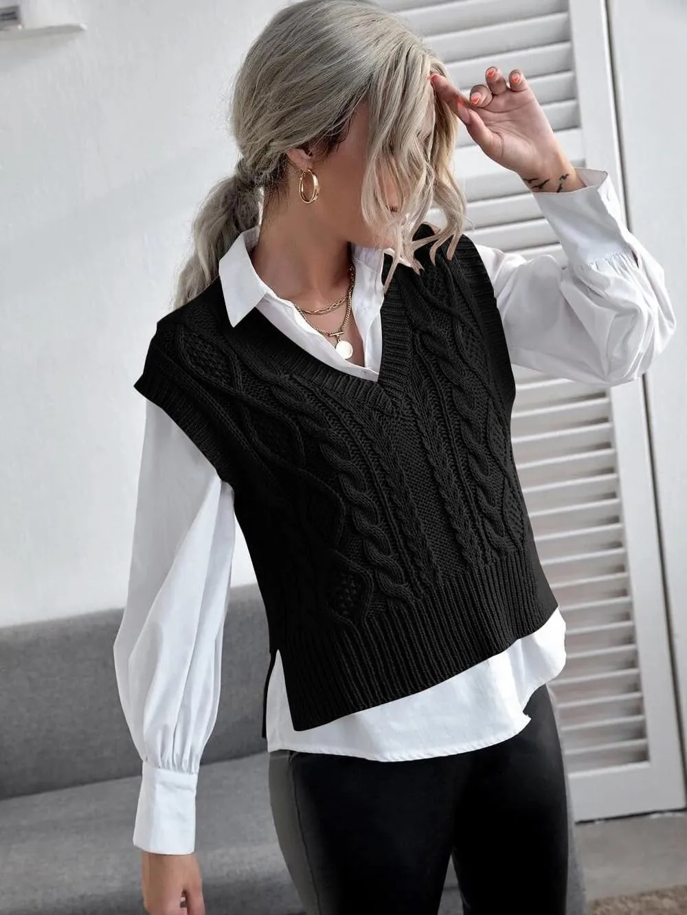 Jumppmile Womens V Neck Sweater Vest Sleeveless Pullover Crop Sweater Vest