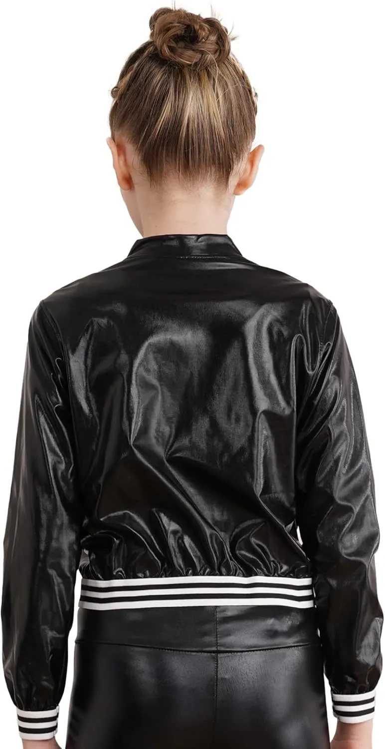 Kids Girls Holographic Halloween Party Shiny Lightweight Zipper Blazer Metallic Bomber Jacket