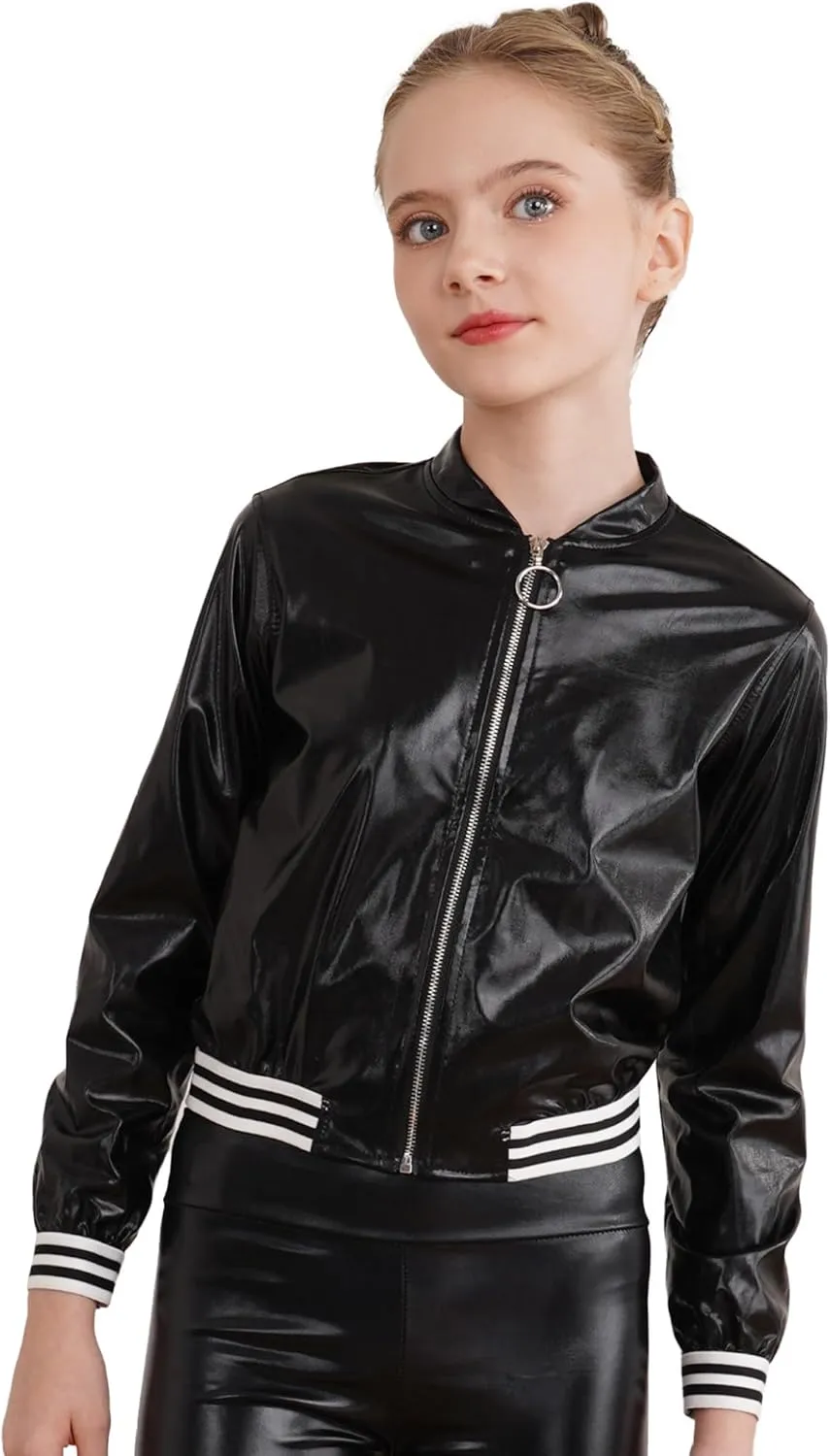Kids Girls Holographic Halloween Party Shiny Lightweight Zipper Blazer Metallic Bomber Jacket