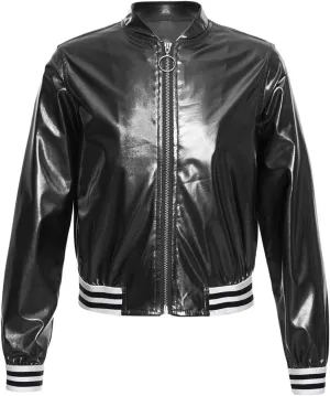 Kids Girls Holographic Halloween Party Shiny Lightweight Zipper Blazer Metallic Bomber Jacket