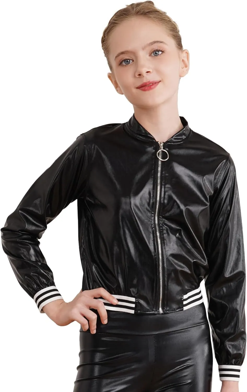 Kids Girls Holographic Halloween Party Shiny Lightweight Zipper Blazer Metallic Bomber Jacket