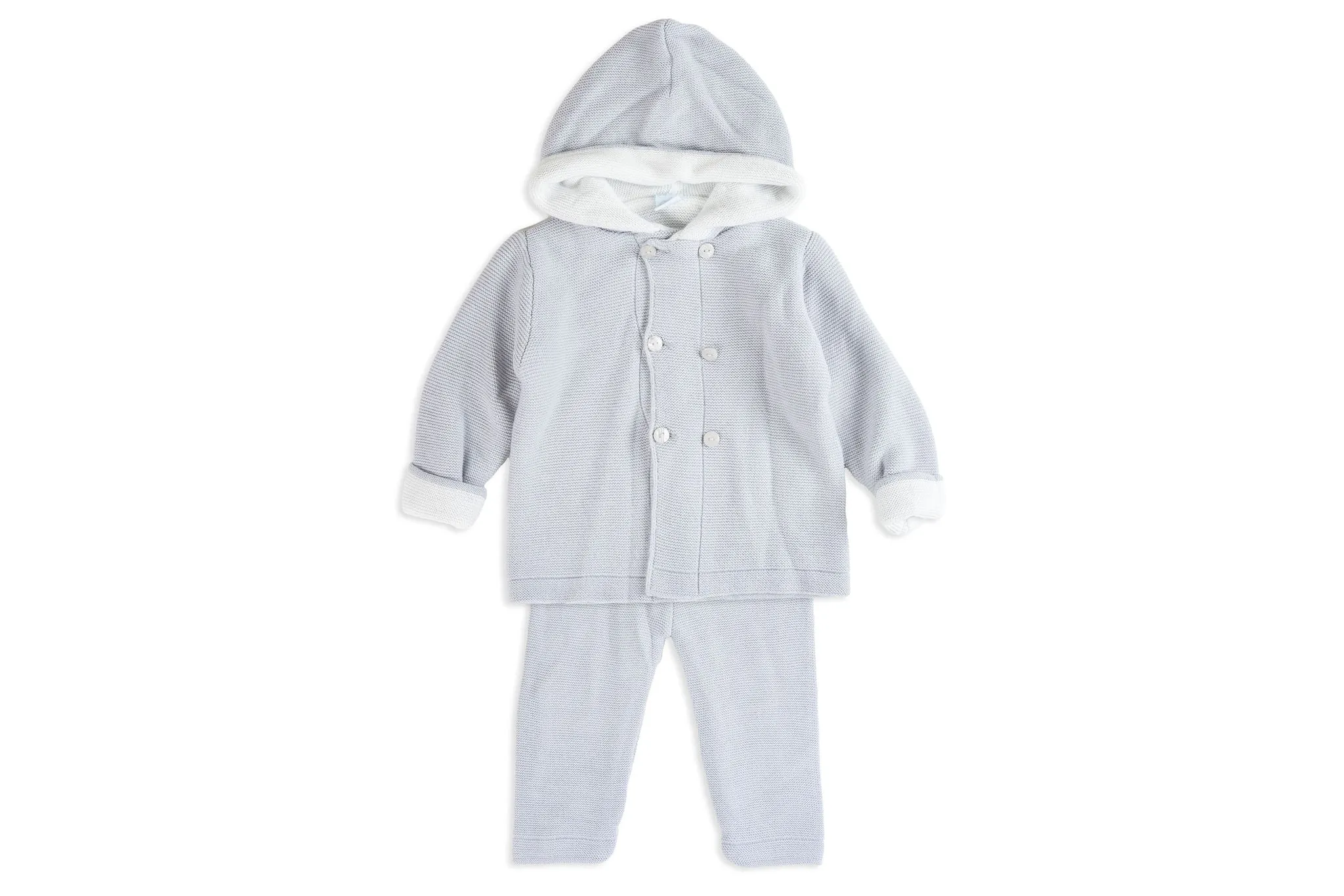 Light Gray & White Two-Piece Unisex Hooded Knit Set