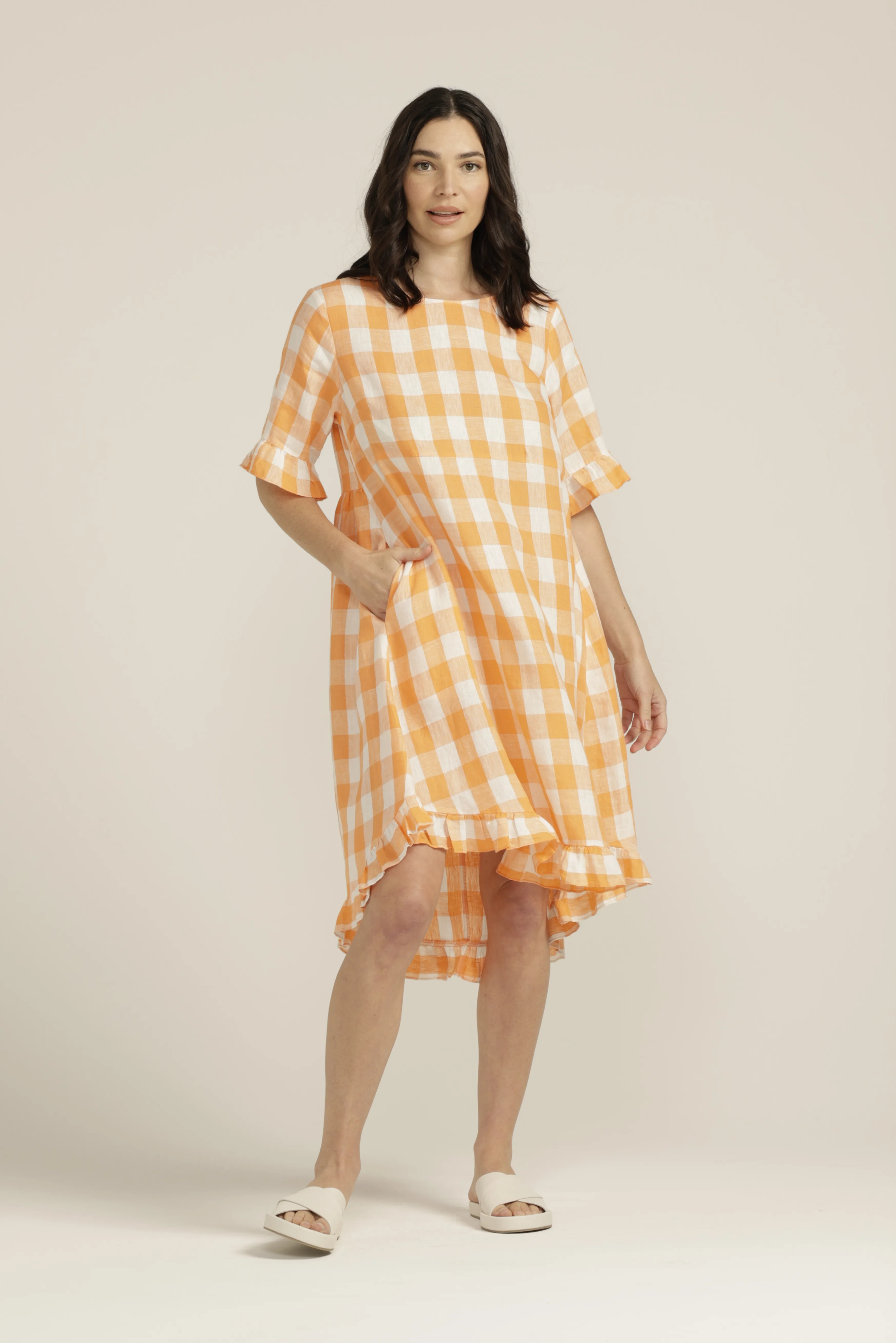 Linen Gingham Ruffle Dress Apricot/White