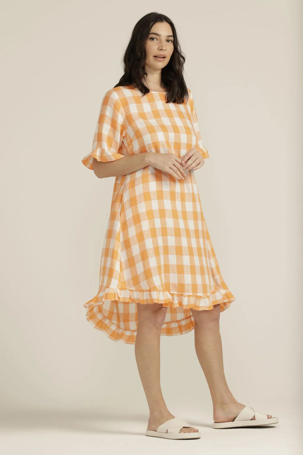 Linen Gingham Ruffle Dress Apricot/White