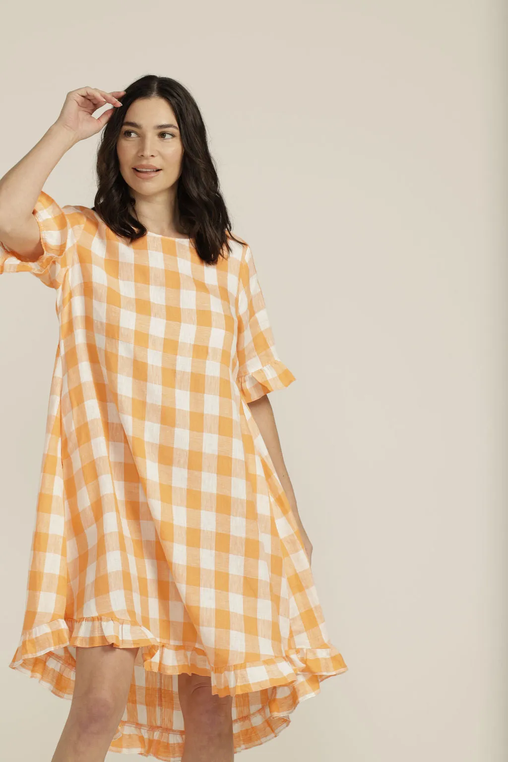 Linen Gingham Ruffle Dress Apricot/White