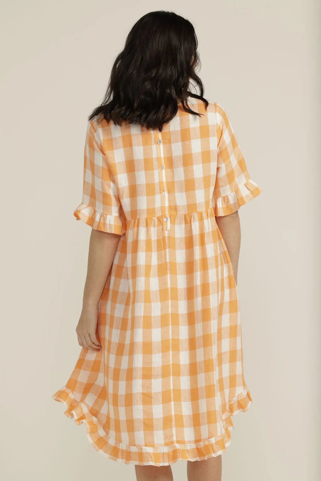Linen Gingham Ruffle Dress Apricot/White