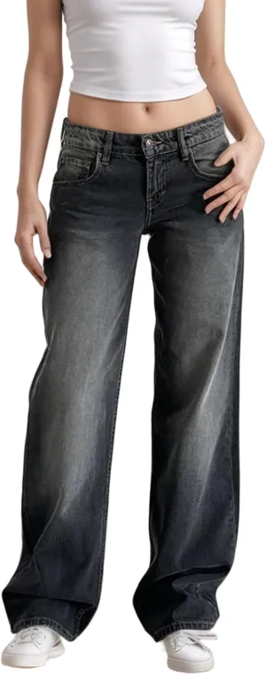 Low Rise Baggy Jeans for Women Y2K Low Waisted Straight Leg Trendy Bootcut Jeans Teen Girls Casual Loose Fit Boyfriend Jeans