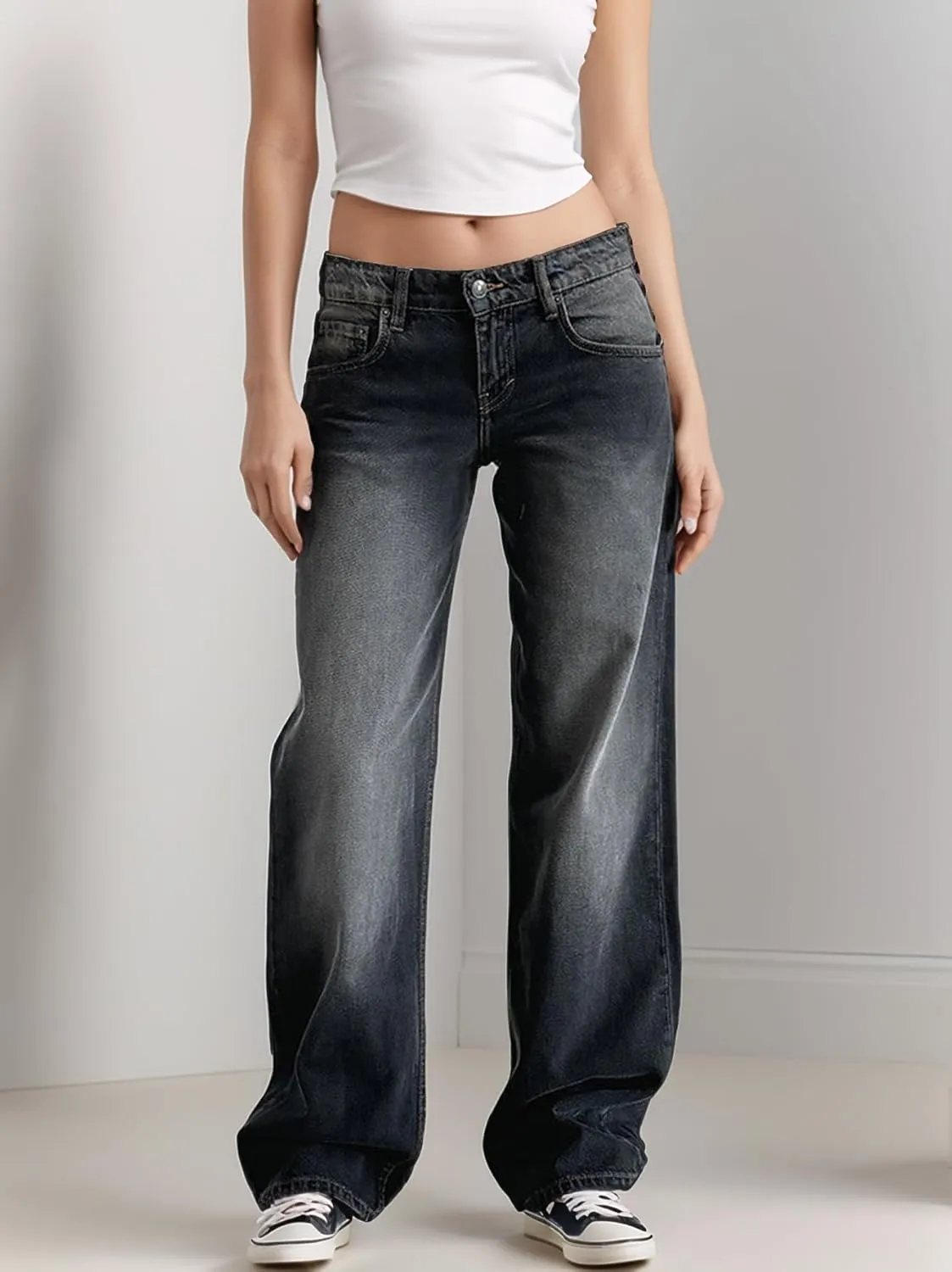 Low Rise Baggy Jeans for Women Y2K Low Waisted Straight Leg Trendy Bootcut Jeans Teen Girls Casual Loose Fit Boyfriend Jeans