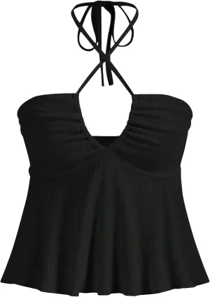 MakeMeChic Women's Summer Criss Cross Halter Tops 2025 Beach Sleeveles Cut Out Tie Backless Peplum Crop Tank Tops