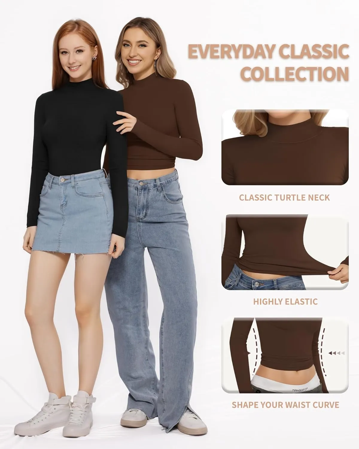 MANGOPOP Women's Turtle Neck T-Shirt Long Sleeve Thermal Underwear Top Hourglass Shaped Slim Fit Top