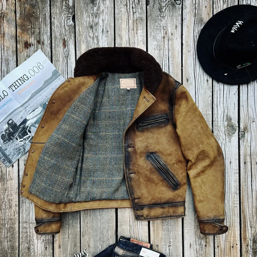 Men's Wool Collar Ranch Leather Jacket