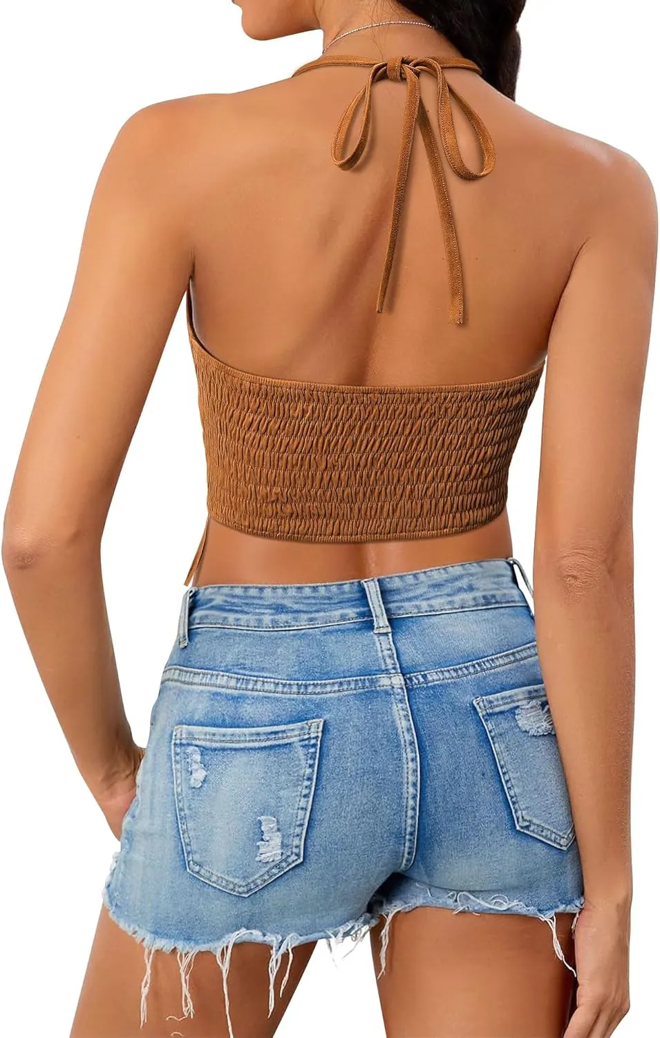 MYMORE Womens Sparkly Rhinestone Fringe Faux Suede Halter Top Western Cowgirl Crop Top Shirt Nashville Country Concert Outfit