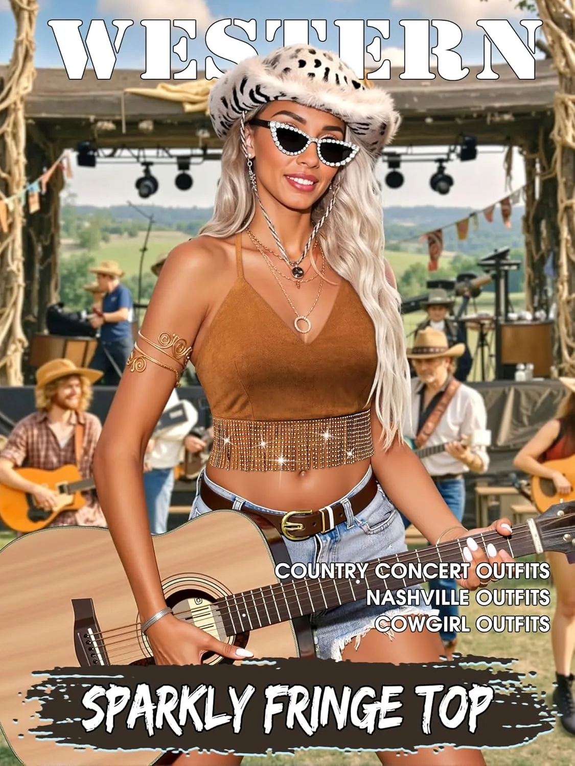 MYMORE Womens Sparkly Rhinestone Fringe Faux Suede Halter Top Western Cowgirl Crop Top Shirt Nashville Country Concert Outfit