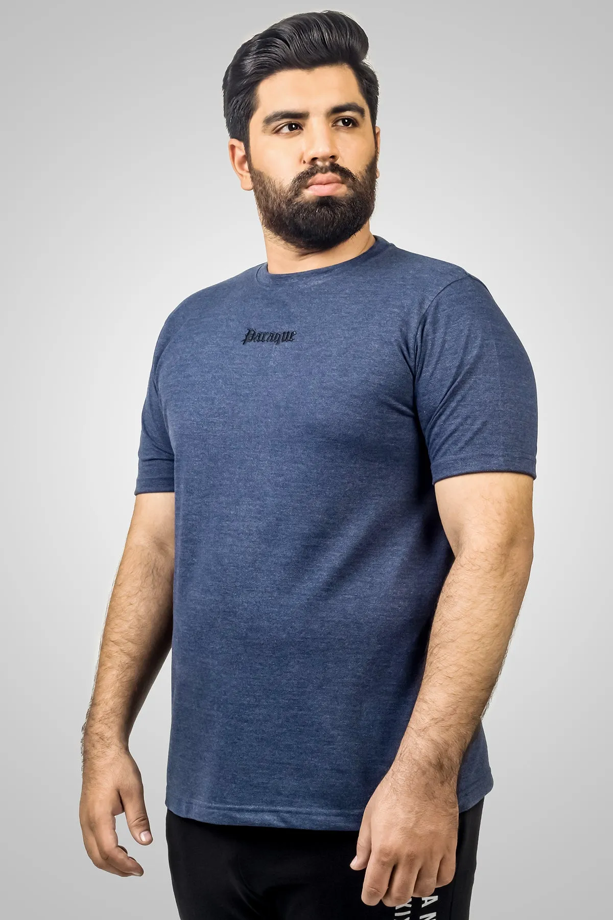 Navy Blue Pique Fabric Embroidery T-Shirt (Plus Size) - S24 - MT0355P