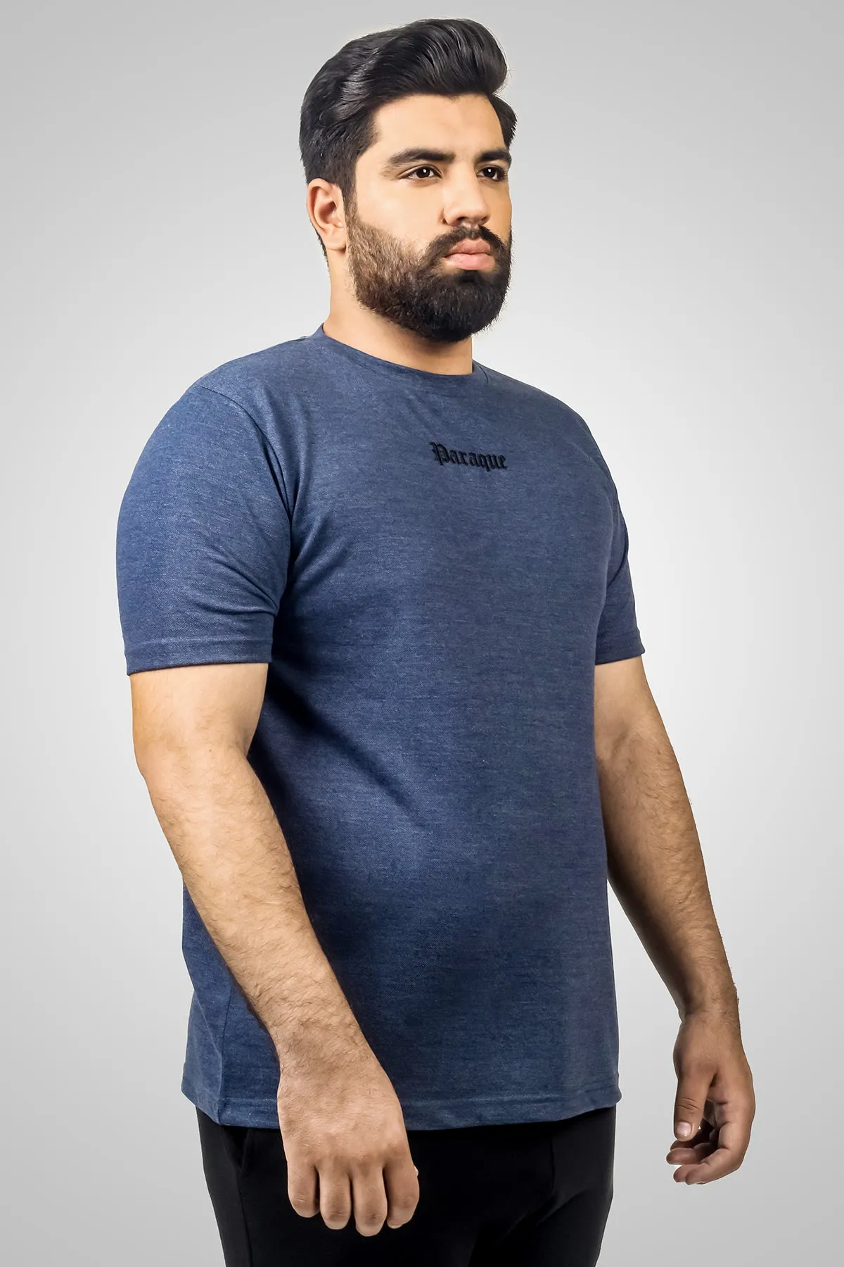 Navy Blue Pique Fabric Embroidery T-Shirt (Plus Size) - S24 - MT0355P