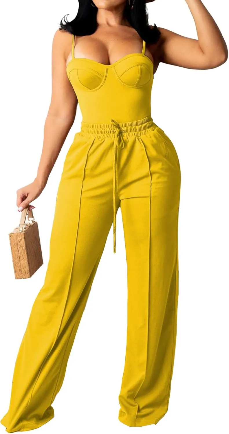 PINSV Women's Casual Wide Leg Pants High Waisted Drawstring Baggy Sweatpants Elastic Straight Leg Lounge Pants