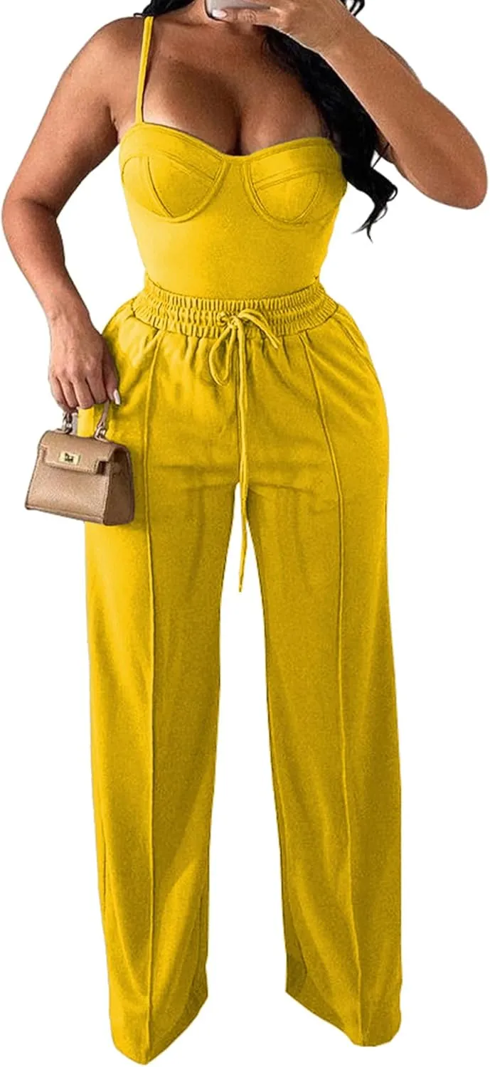 PINSV Women's Casual Wide Leg Pants High Waisted Drawstring Baggy Sweatpants Elastic Straight Leg Lounge Pants