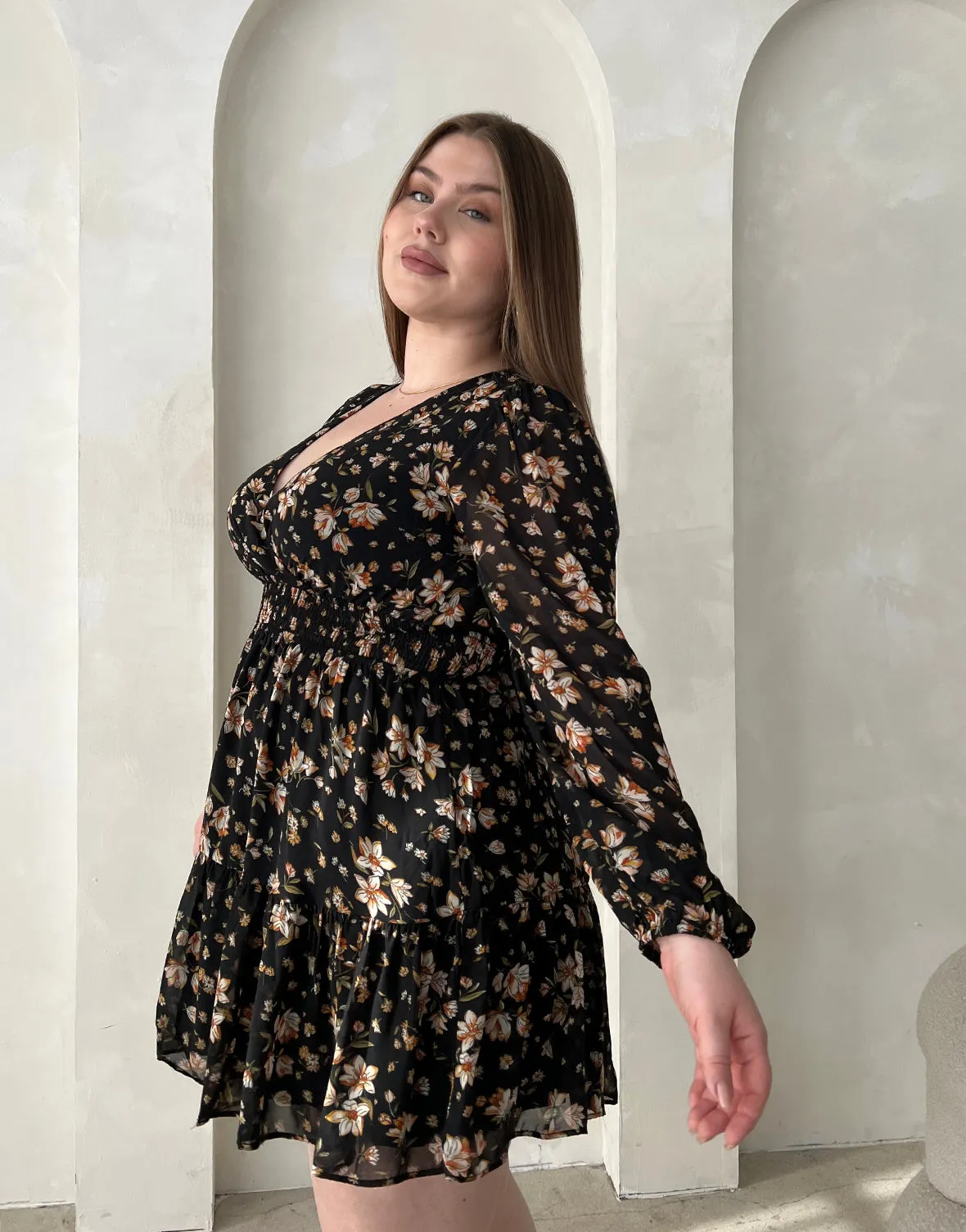 Plus Size Floral Surpliced Long Sleeve Dress