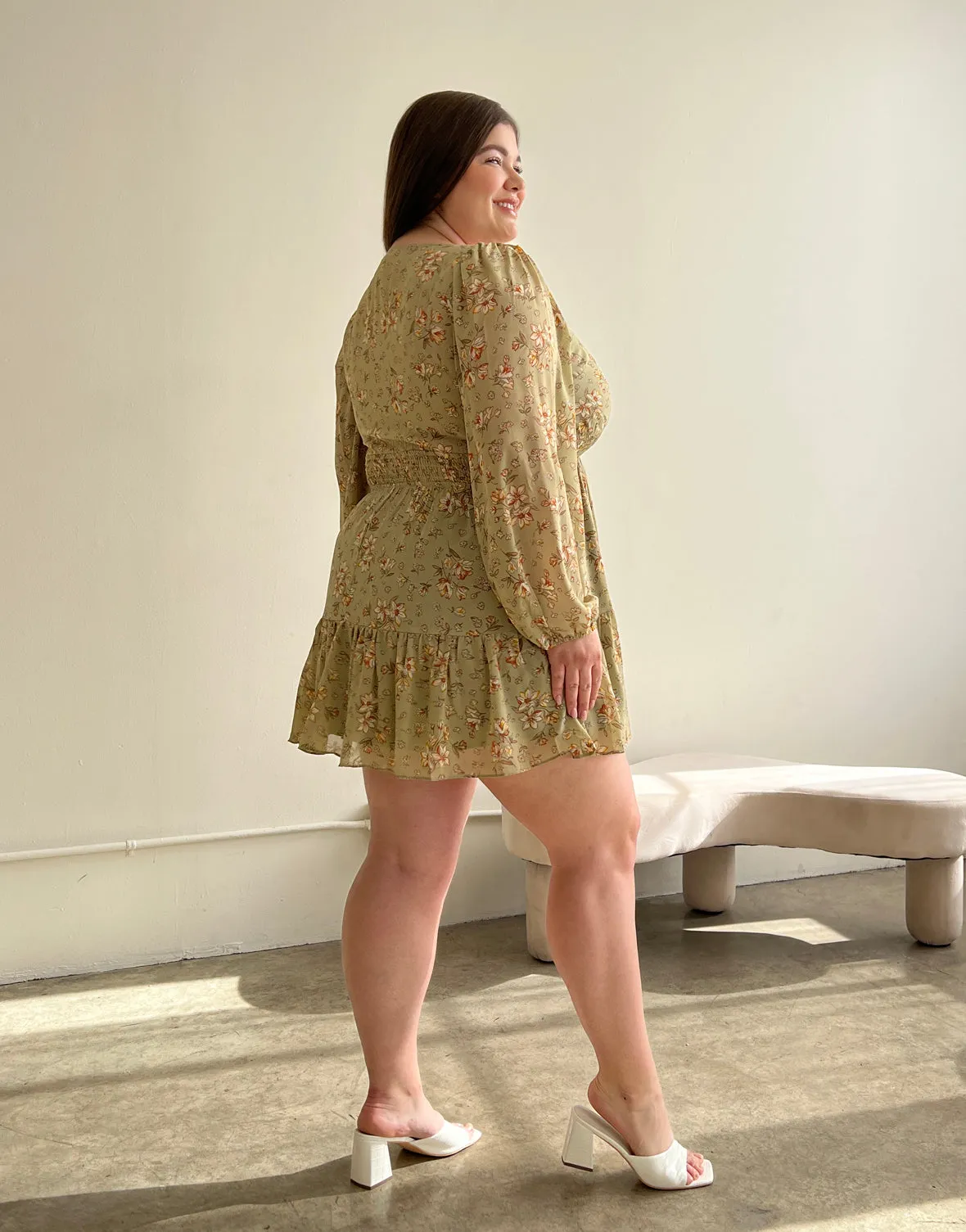 Plus Size Floral Surpliced Long Sleeve Dress