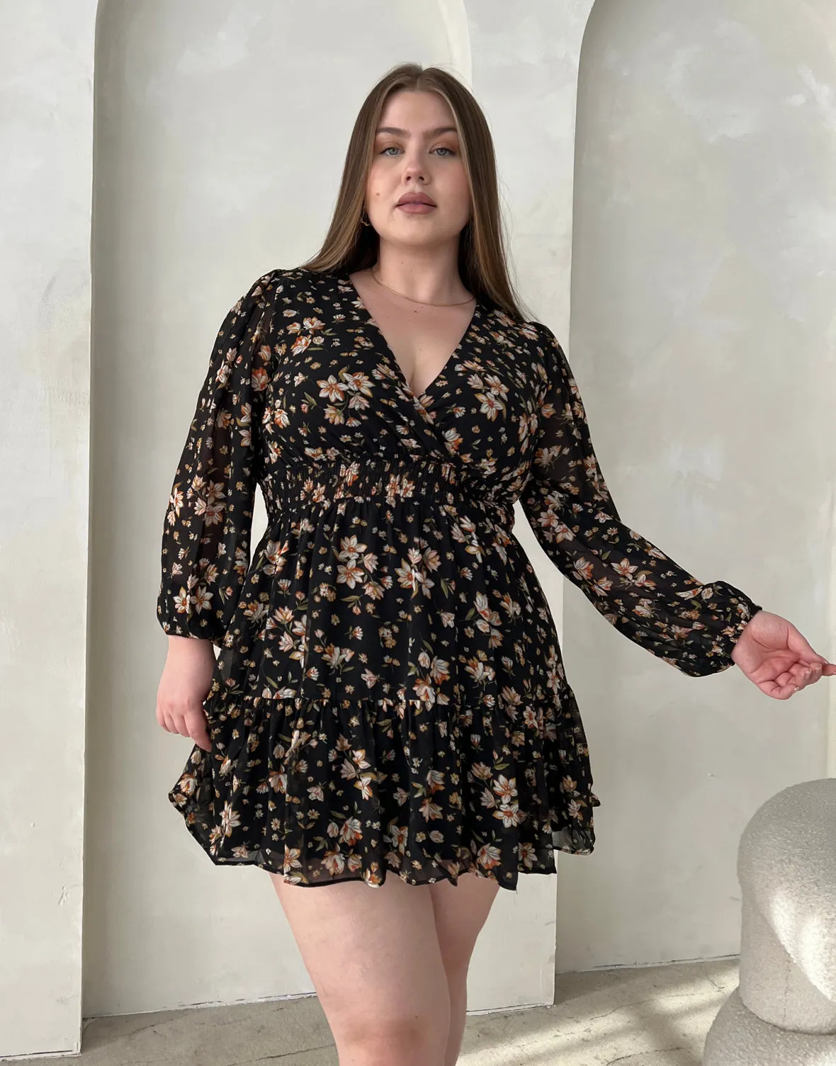 Plus Size Floral Surpliced Long Sleeve Dress