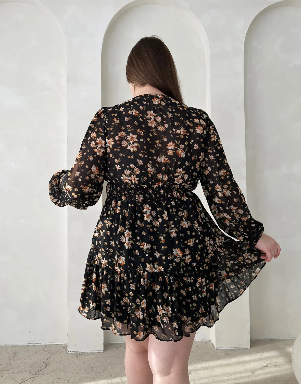 Plus Size Floral Surpliced Long Sleeve Dress