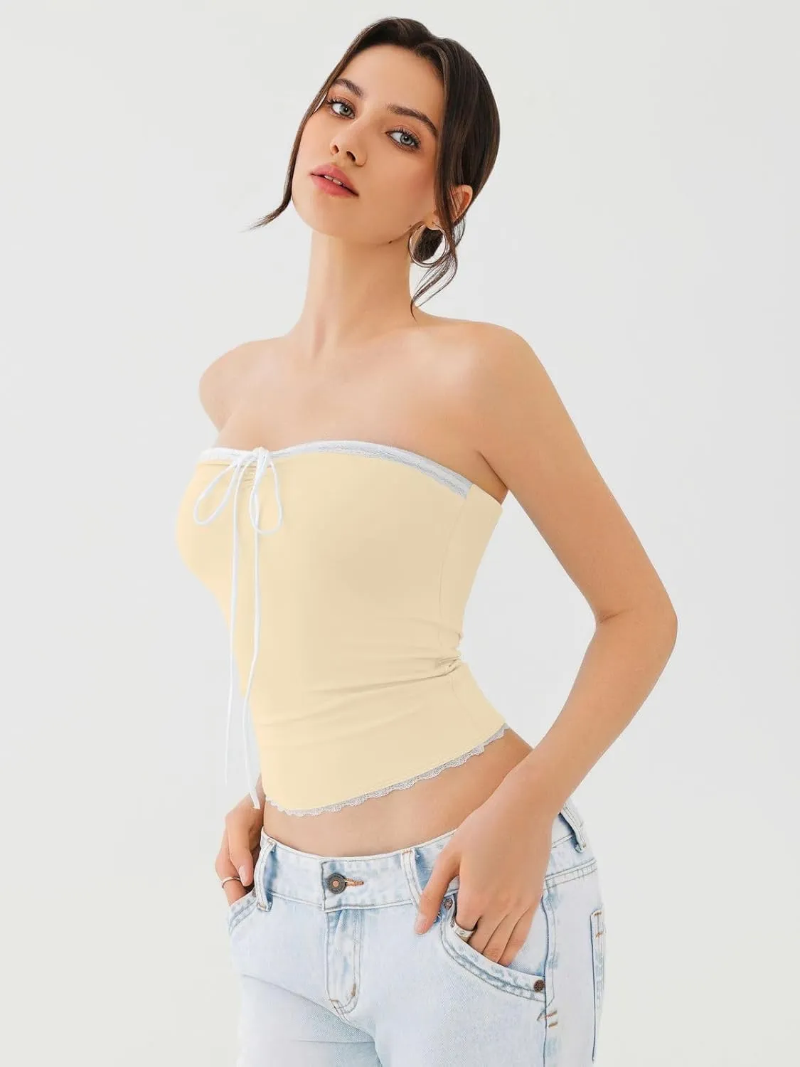 REORIA Women's Y2K Cute Tube Top Double Lined Strapless Backless Sleeveless Crop Top for Summer 2025 Going Out