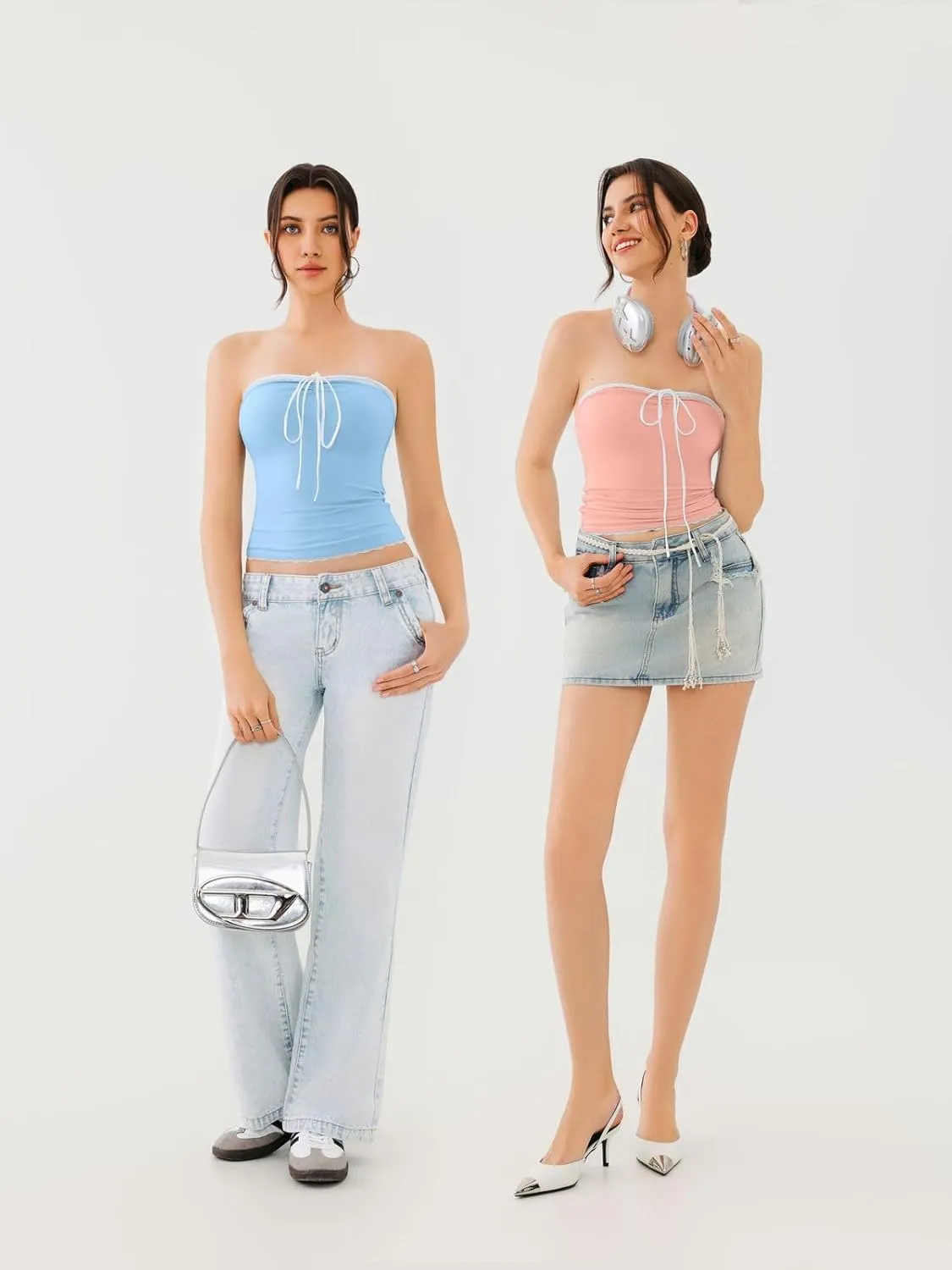 REORIA Women's Y2K Cute Tube Top Double Lined Strapless Backless Sleeveless Crop Top for Summer 2025 Going Out