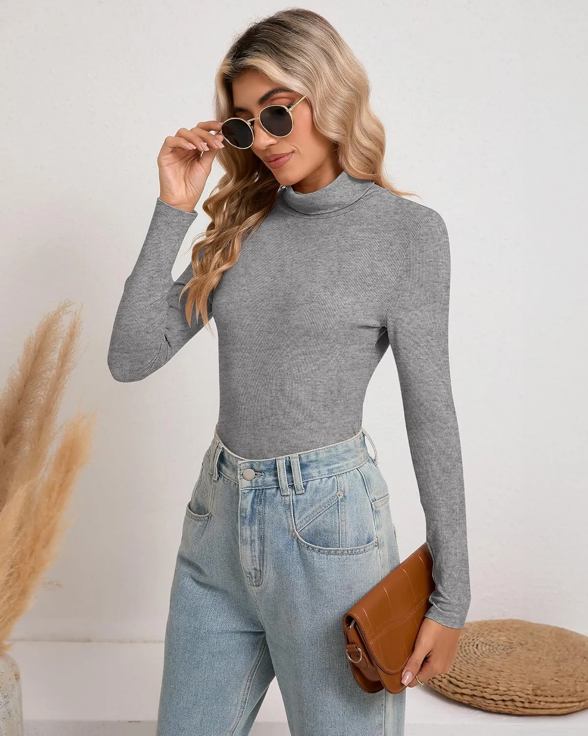 Riyiper 3 Pack Women Ribbed Turtleneck Shirt Rayon Top Knit Lightweight Long Sleeve Top Casual Soft Base Layer Top