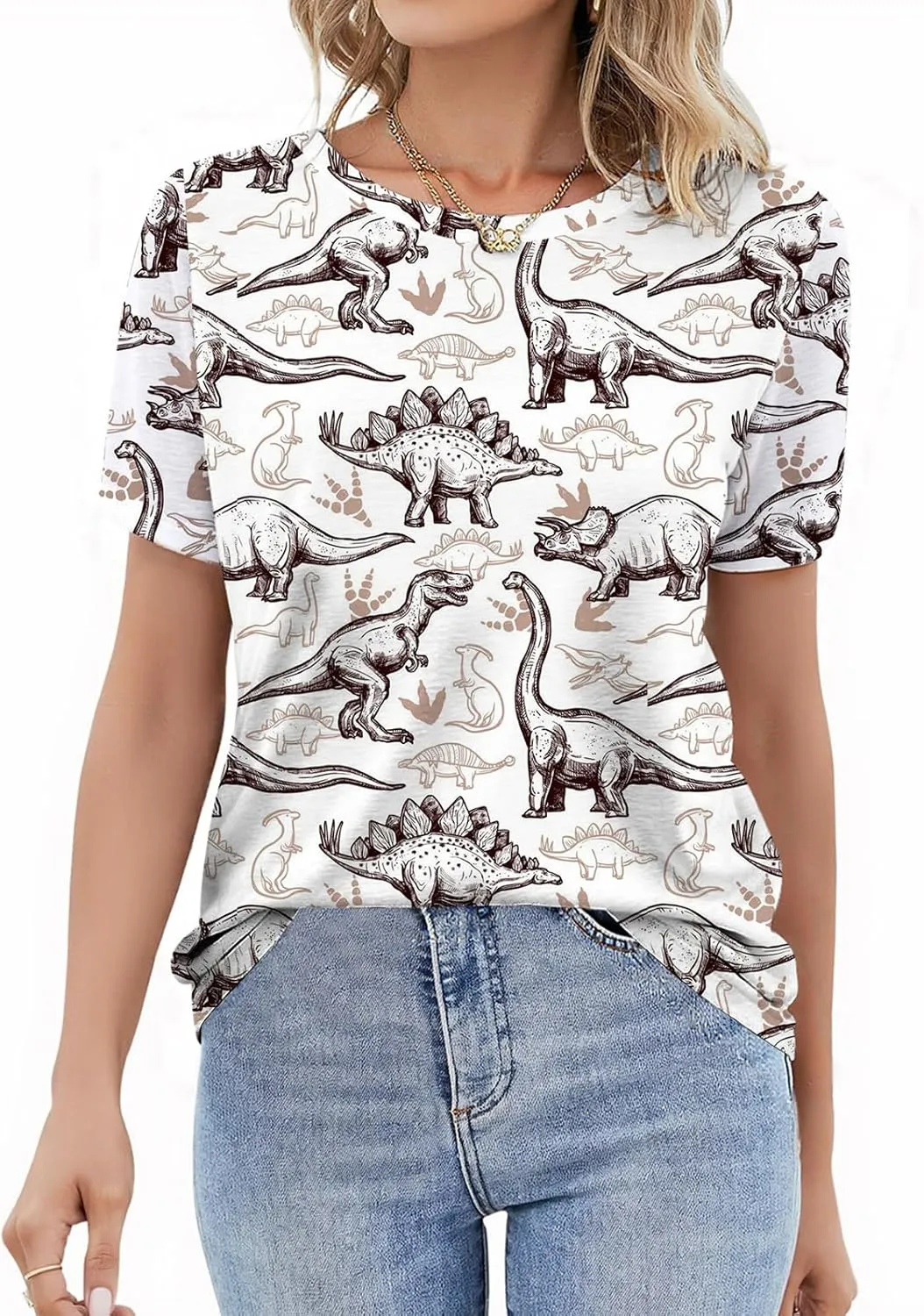 RMCMS Women Dinosaur Shirt Summer Cute Tops Dino Graphic Tees Casual Loose Short Sleeve Blouse