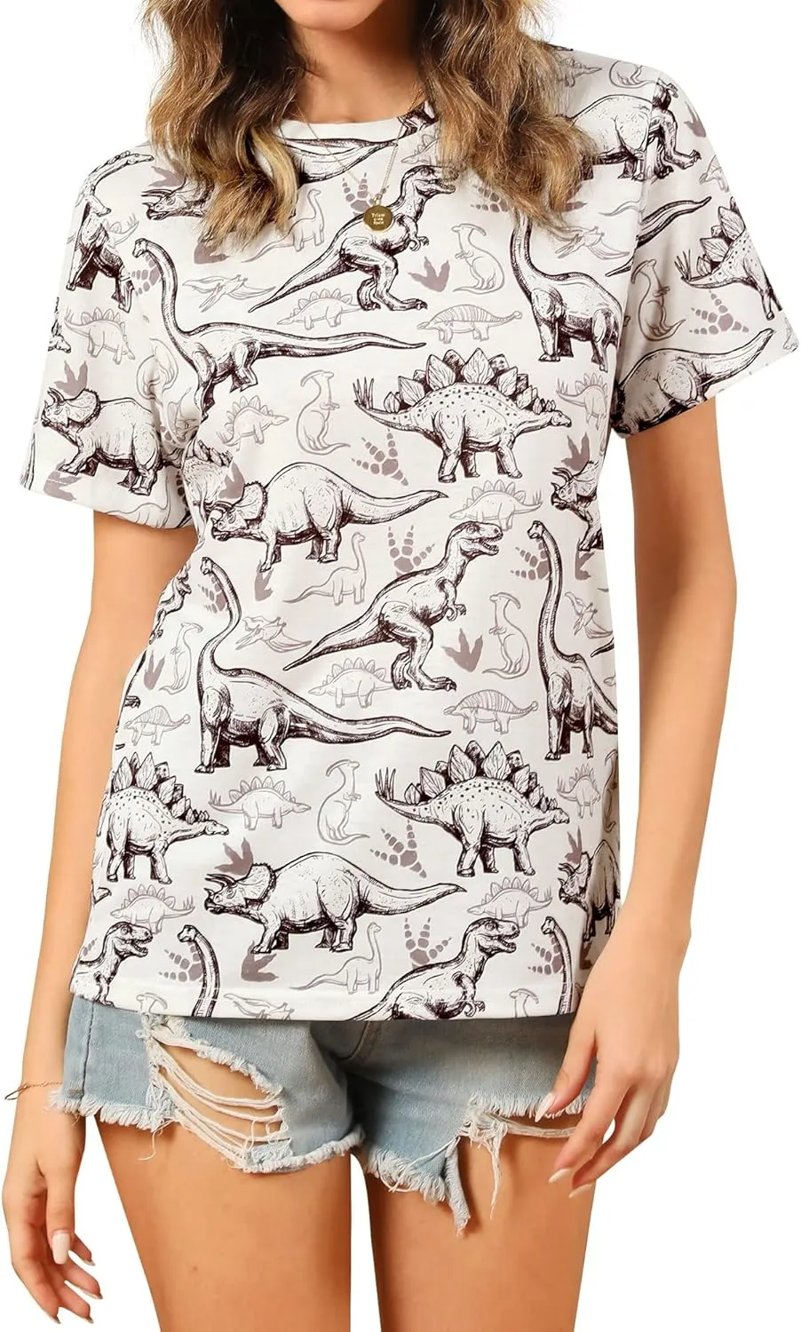 RMCMS Women Dinosaur Shirt Summer Cute Tops Dino Graphic Tees Casual Loose Short Sleeve Blouse