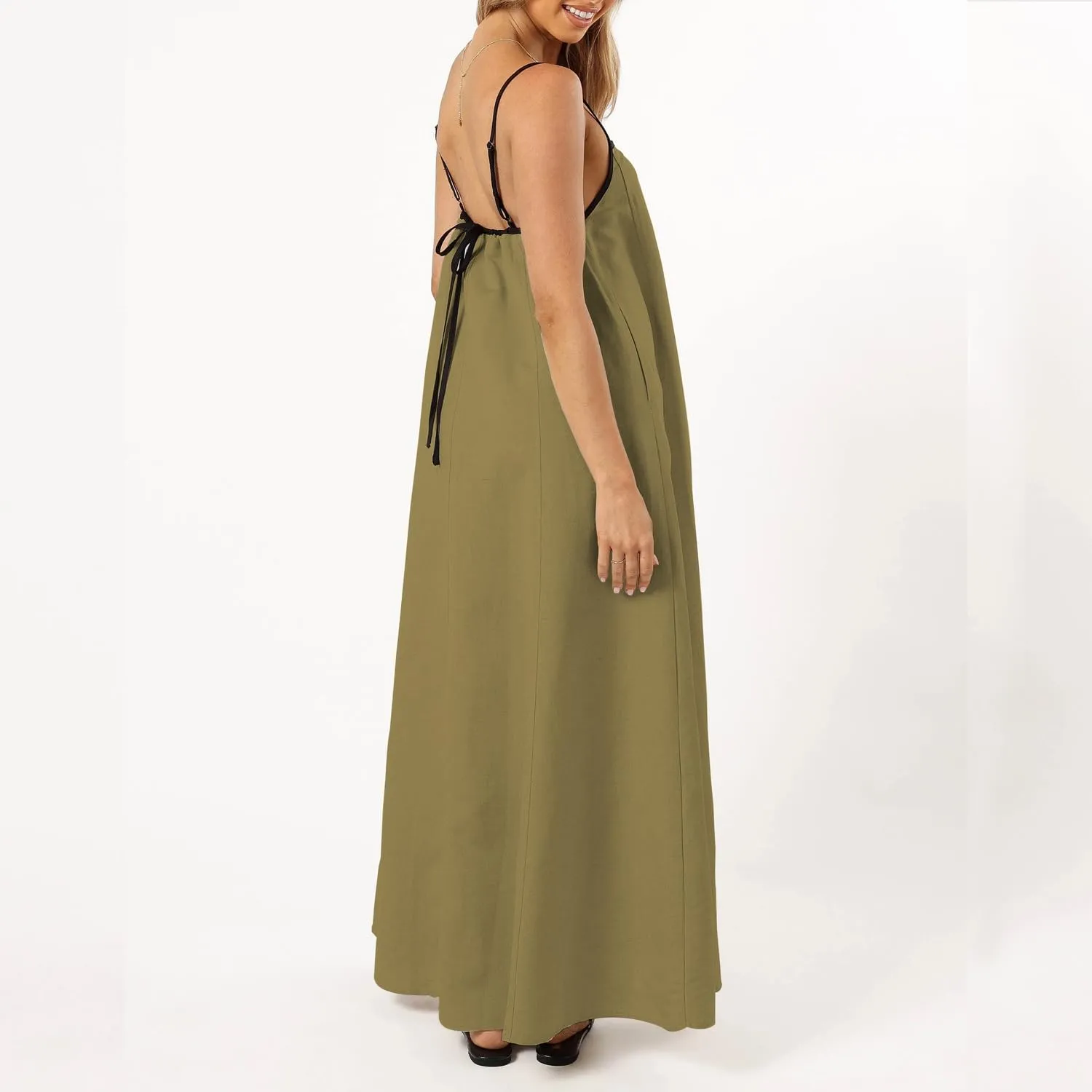 Senllen Women's Linen Dress Summer Loose Flowy Sundress Contrast Spaghetti Strap Sleeveless Backless Beach Maxi Long Dresses