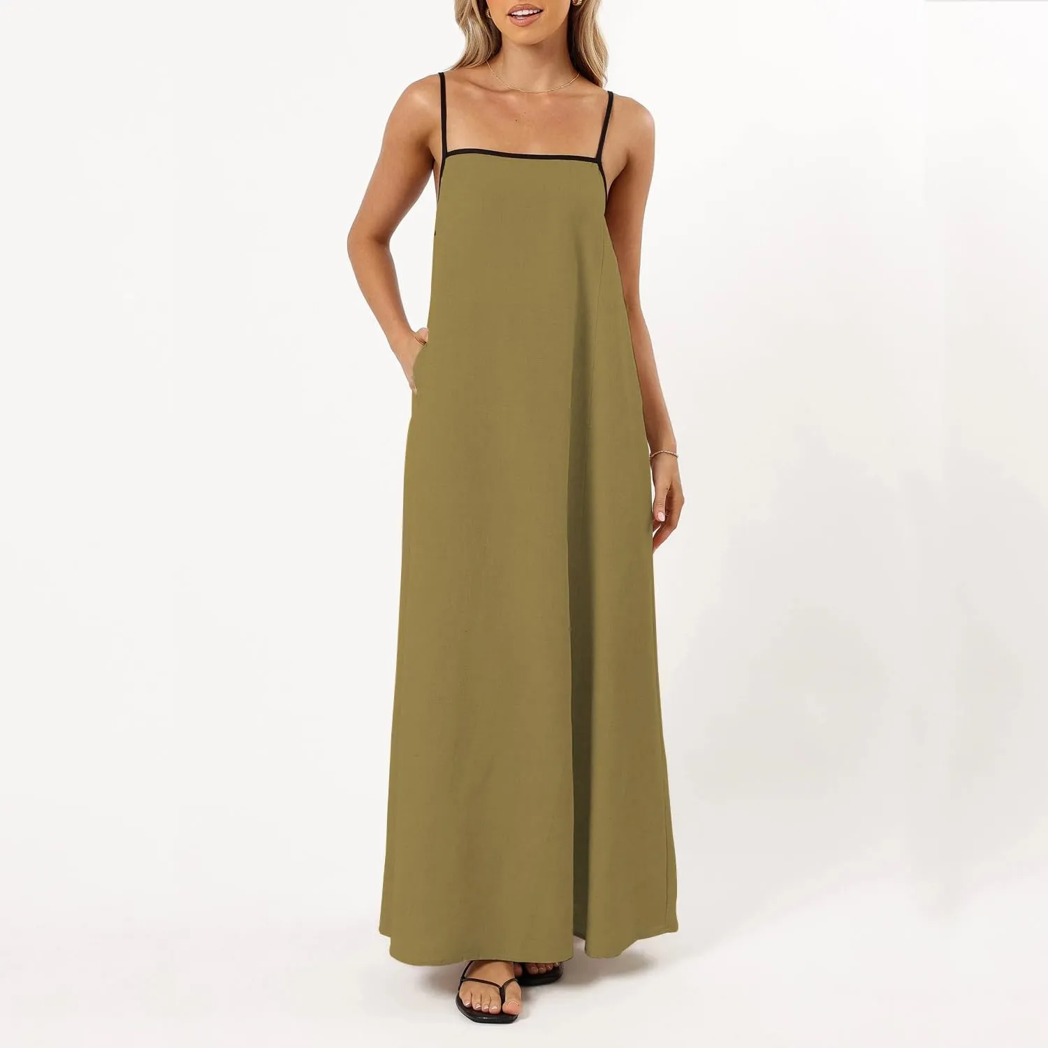 Senllen Women's Linen Dress Summer Loose Flowy Sundress Contrast Spaghetti Strap Sleeveless Backless Beach Maxi Long Dresses